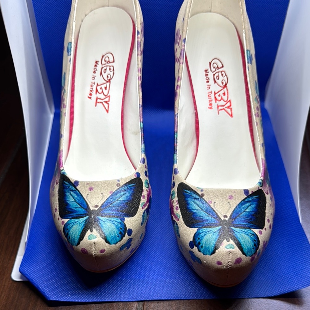 Blue and Cream Heels with Butterfly Design